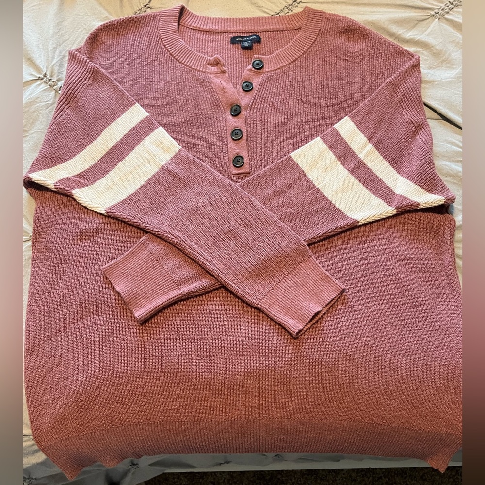 AE XL purple sweater with white stripes on the sleeve